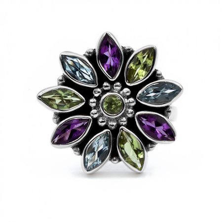 Ezüst olivin és ametiszt köves gyűrű "virág"