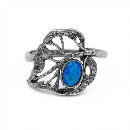 Ezüst kék opál köves gyűrű "levél"