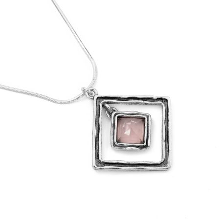 Izraeli ezüst rózsakvarc köves medál lánccal